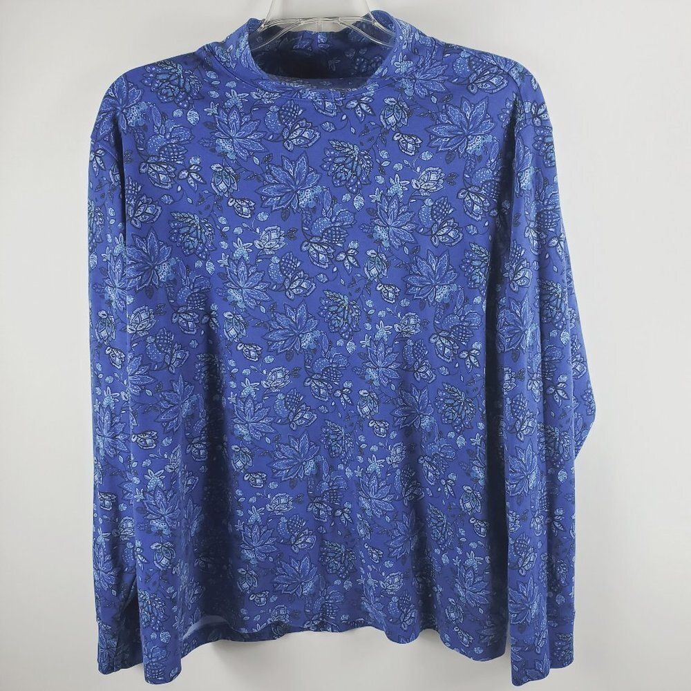 Lands' End 100% Cotton Long Sleeved Turtleneck Blue + B&W Floral Print Top Sz 1X